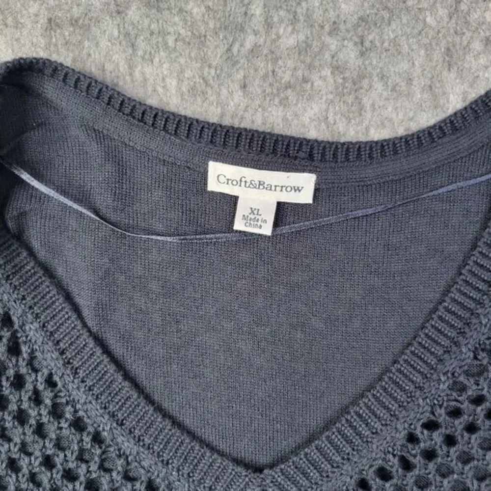 croft‎ and barrow women sweater xl open knit blue lined Striped Pullover